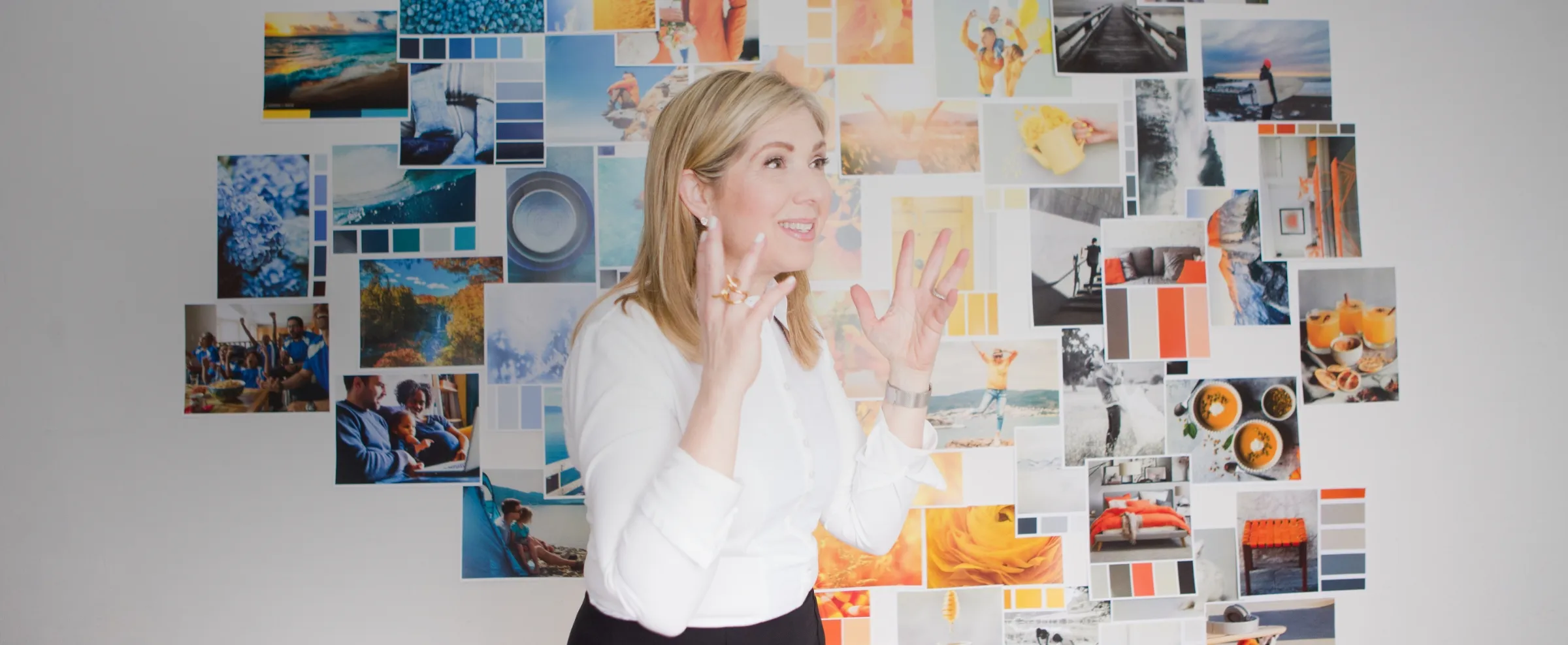 Leslie Zane, founder of Triggers, talking in front of a wall of brand images