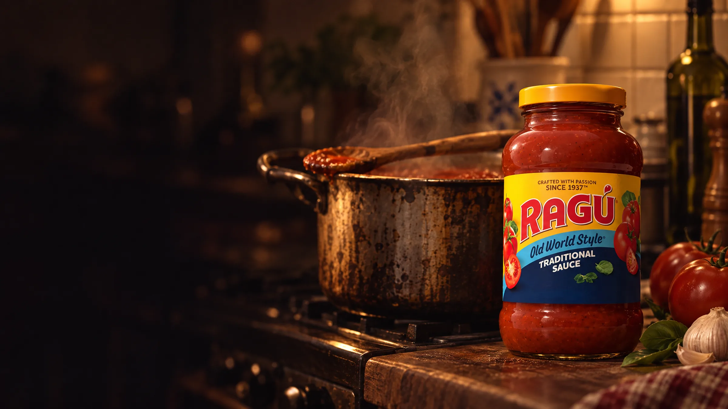 A jar of Ragú Old World Style sauce on the stove beside a simmering pot