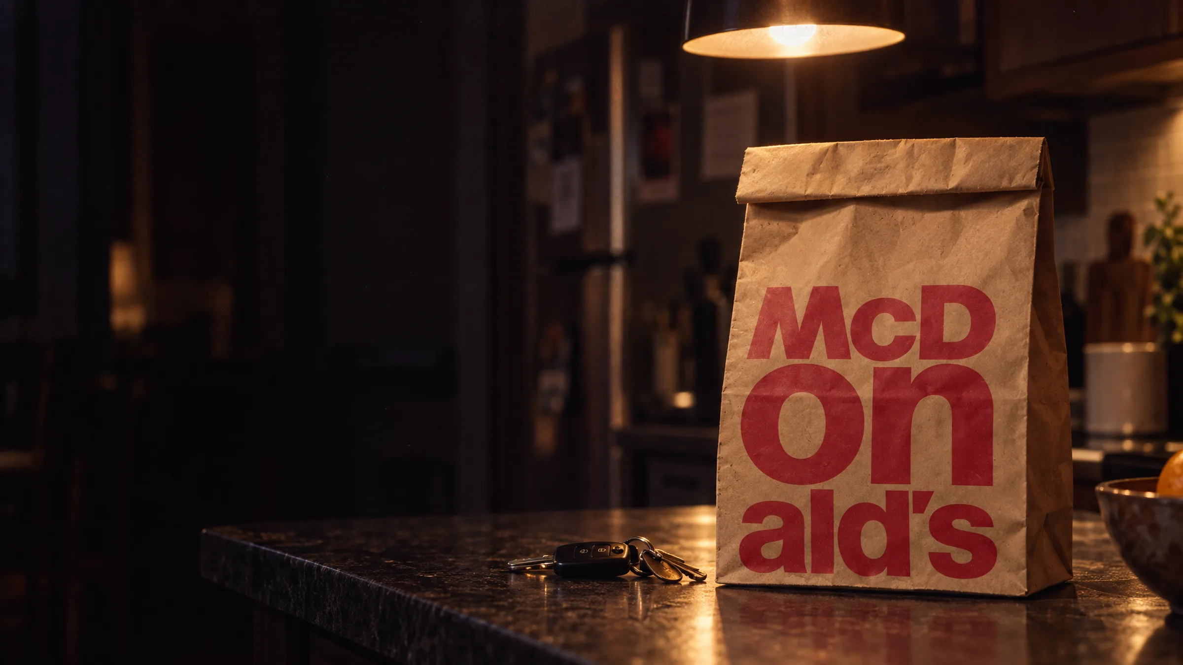 A McDonald's paper bag and car keys on a kitchen counter at night