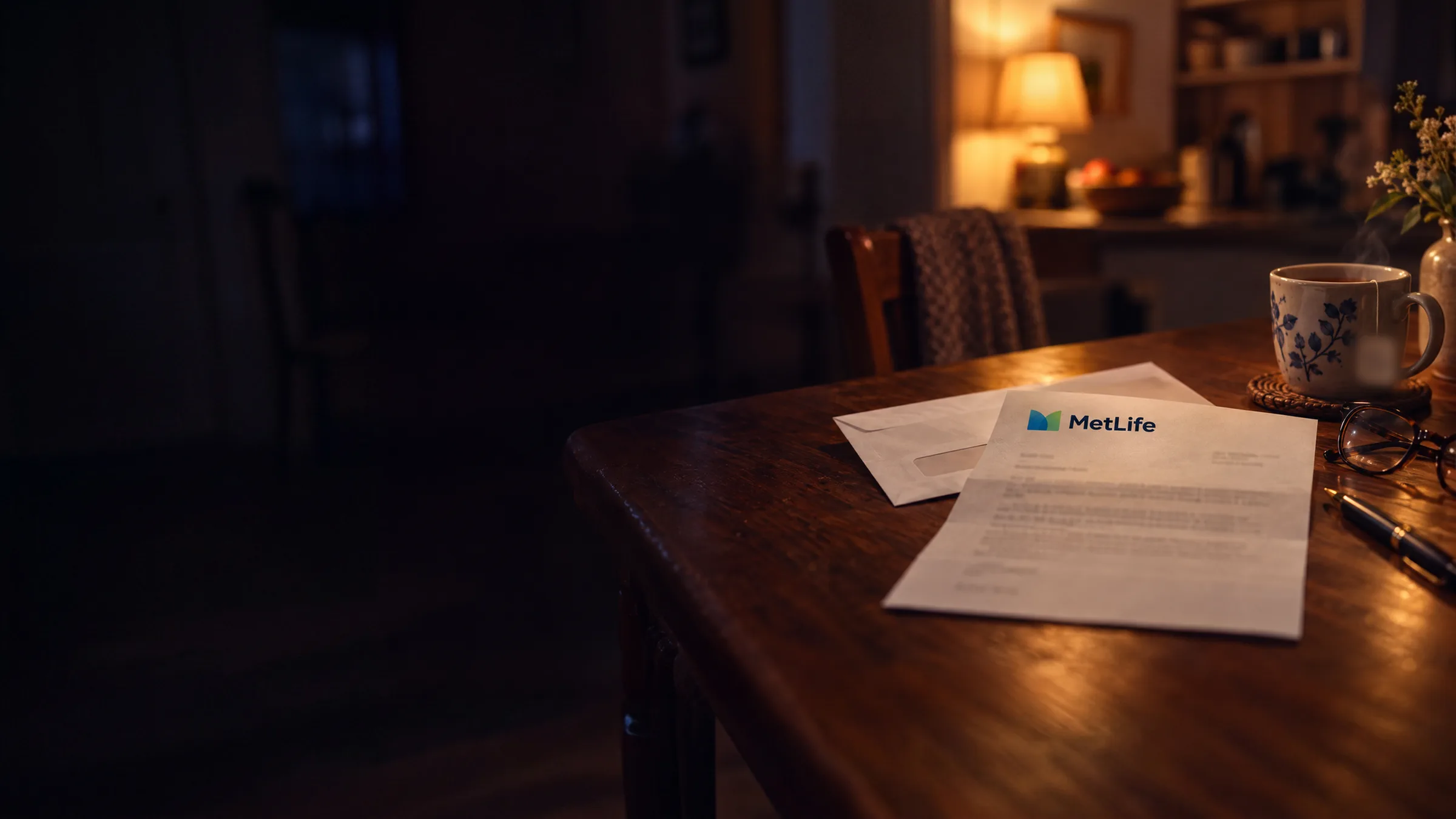 A letter from MetLife on a kitchen table, beside a mug of tea and reading glasses
