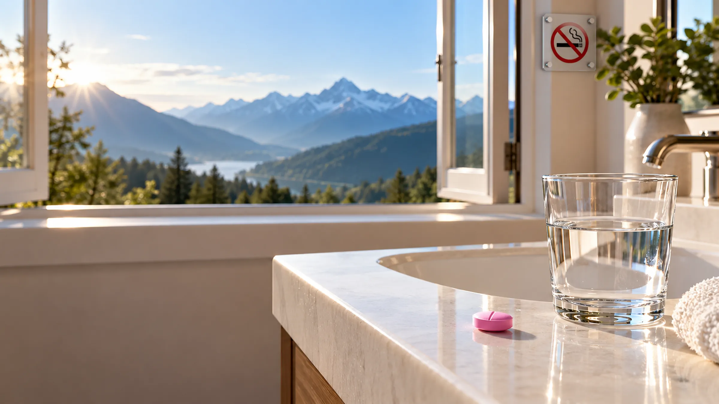 A pink tablet on a bathroom counter beside a glass of water, with a no-smoking sign near a mountain-view window.