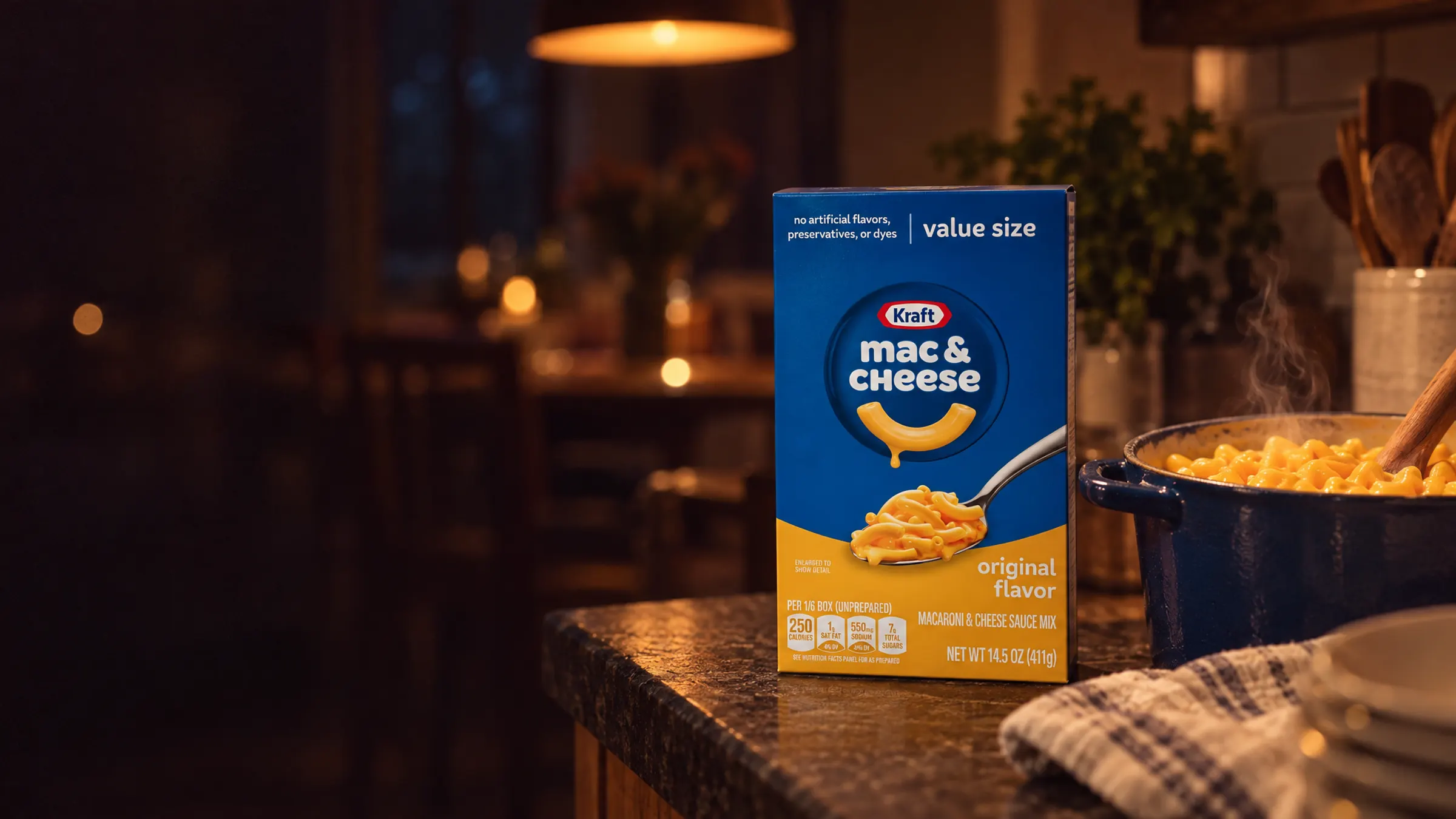 A box of Kraft Mac & Cheese on a kitchen counter, beside a pot of macaroni and cheese